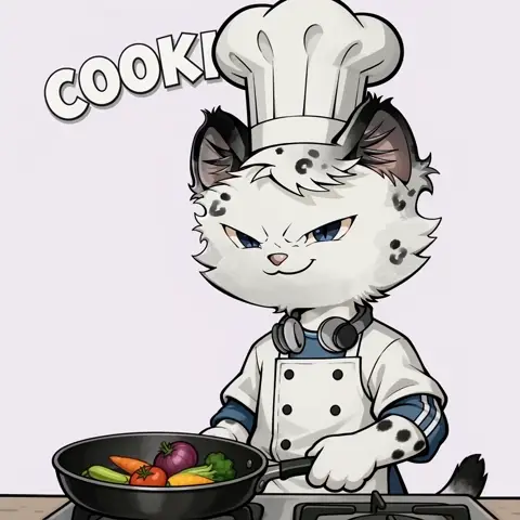 AI generated GIF of a cat chef tossing vegetables in a frying pan under wobbling COOKING text
