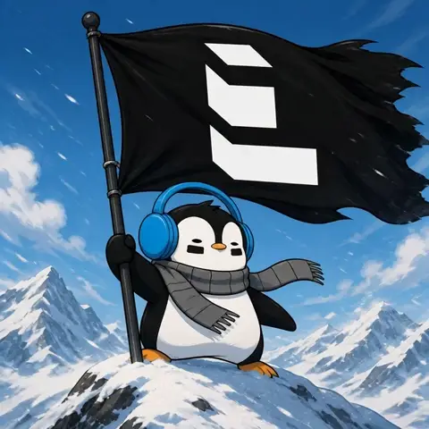 AI generated GIF of a penguin character on a snowy mountain peak holding a black flag in the wind