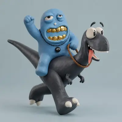 Blue character riding a dinosaur, used as the input image