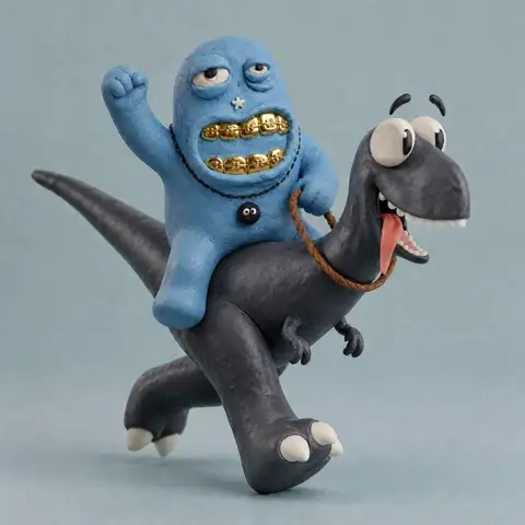 AI generated GIF of a blue character riding a running dinosaur in a loop