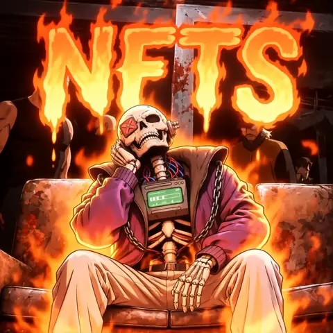 AI generated GIF of a skull character on a throne bursting into flames under burning NFTS lettering